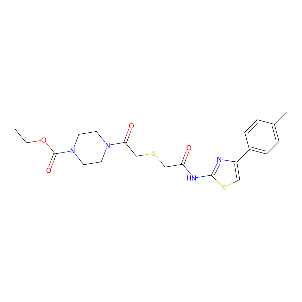 Ethyl 4-(2-((2-oxo-2-((4-(p-tolyl)thiazol-2-yl)amino)ethyl)thio)acetyl)piperazine-1-carboxylate molecular structure, CAS 681222-35-5