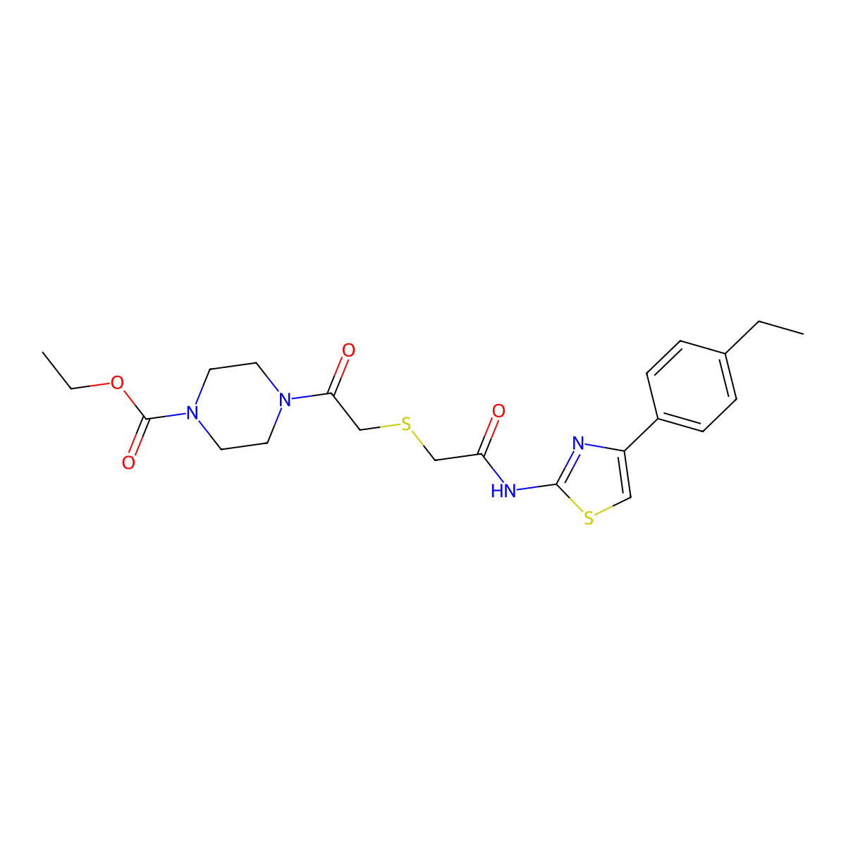 Ethyl 4-(2-((2-((4-(4-ethylphenyl)thiazol-2-yl)amino)-2-oxoethyl)thio)acetyl)piperazine-1-carboxylate molecular structure, CAS 681222-50-4