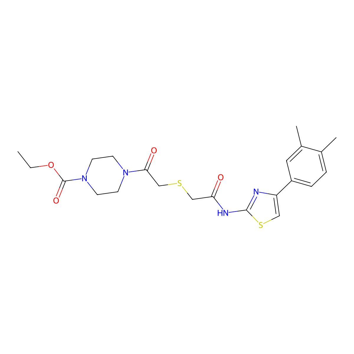 Ethyl 4-(2-((2-((4-(3,4-dimethylphenyl)thiazol-2-yl)amino)-2-oxoethyl)thio)acetyl)piperazine-1-carboxylate molecular structure, CAS 681222-64-0