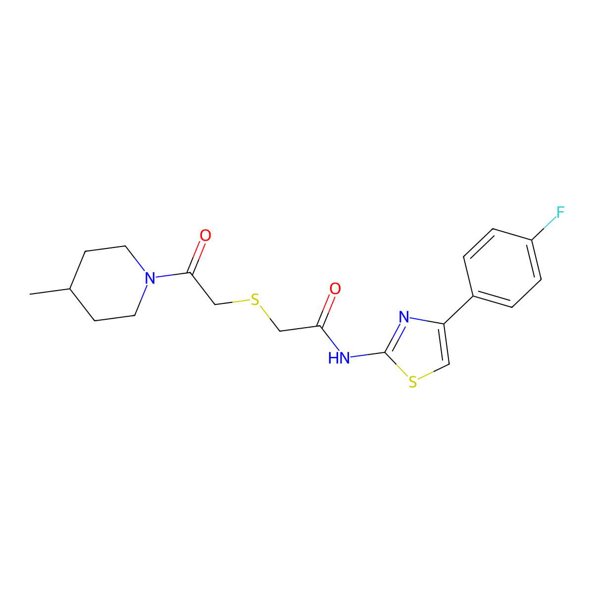 N-(4-(4-fluorophenyl)thiazol-2-yl)-2-((2-(4-methylpiperidin-1-yl)-2-oxoethyl)thio)acetamide molecular structure, CAS 681222-85-5