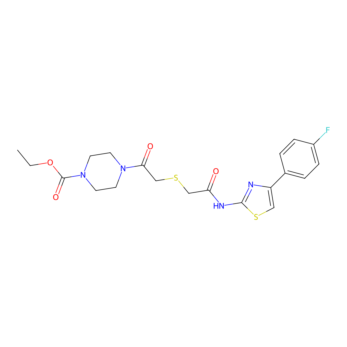 Ethyl 4-(2-((2-((4-(4-fluorophenyl)thiazol-2-yl)amino)-2-oxoethyl)thio)acetyl)piperazine-1-carboxylate molecular structure, CAS 681222-95-7