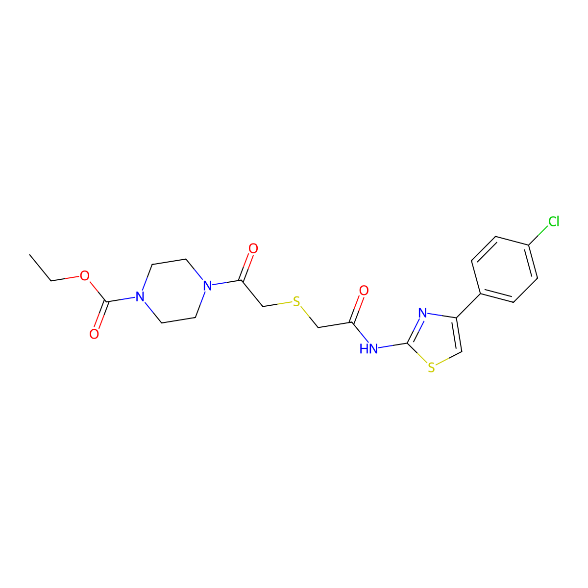 Ethyl 4-(2-((2-((4-(4-chlorophenyl)thiazol-2-yl)amino)-2-oxoethyl)thio)acetyl)piperazine-1-carboxylate molecular structure, CAS 681223-16-5