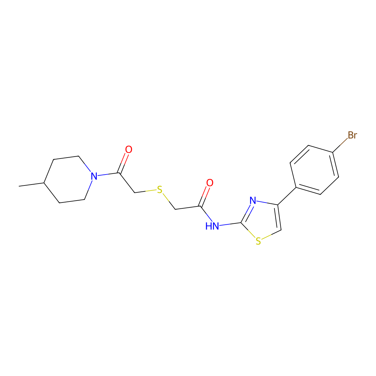 N-(4-(4-bromophenyl)thiazol-2-yl)-2-((2-(4-methylpiperidin-1-yl)-2-oxoethyl)thio)acetamide molecular structure, CAS 681223-24-5