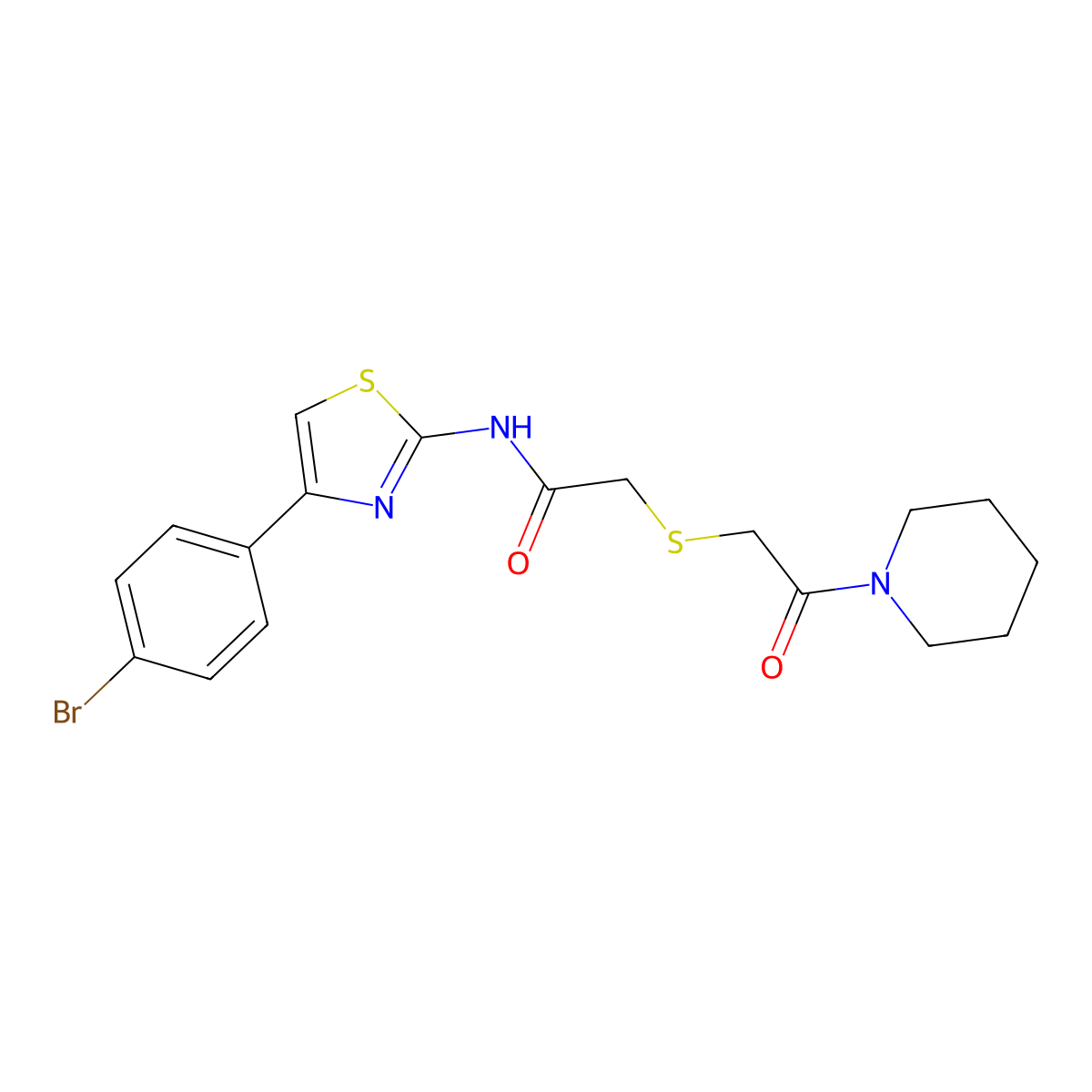 N-(4-(4-bromophenyl)thiazol-2-yl)-2-((2-oxo-2-(piperidin-1-yl)ethyl)thio)acetamide molecular structure, CAS 681223-27-8