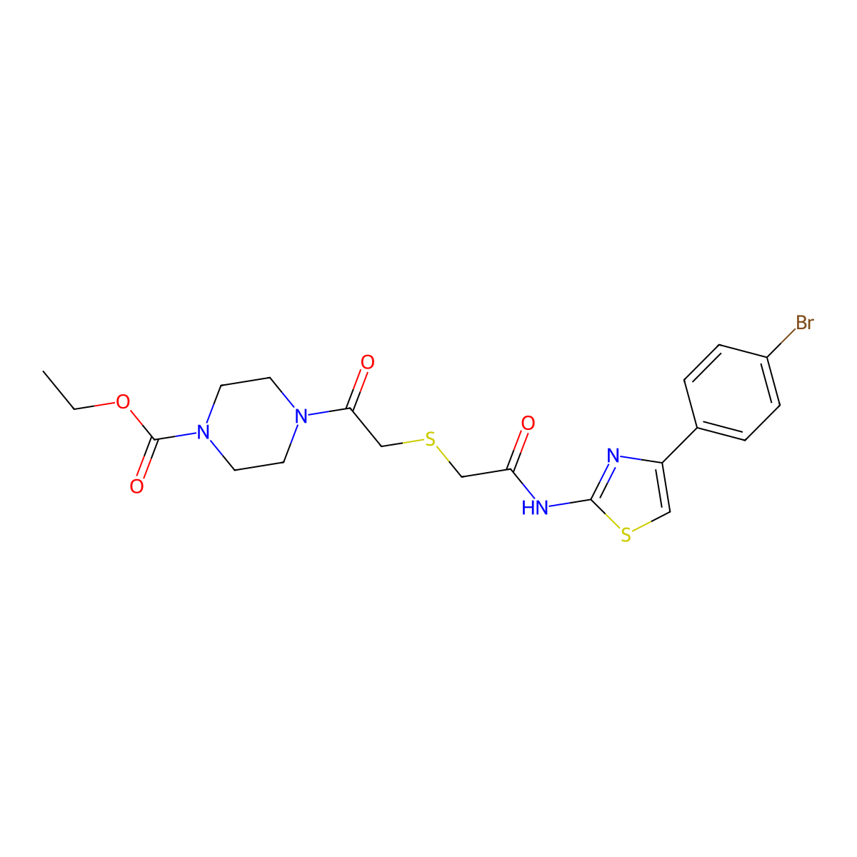Ethyl 4-(2-((2-((4-(4-bromophenyl)thiazol-2-yl)amino)-2-oxoethyl)thio)acetyl)piperazine-1-carboxylate molecular structure, CAS 681223-30-3