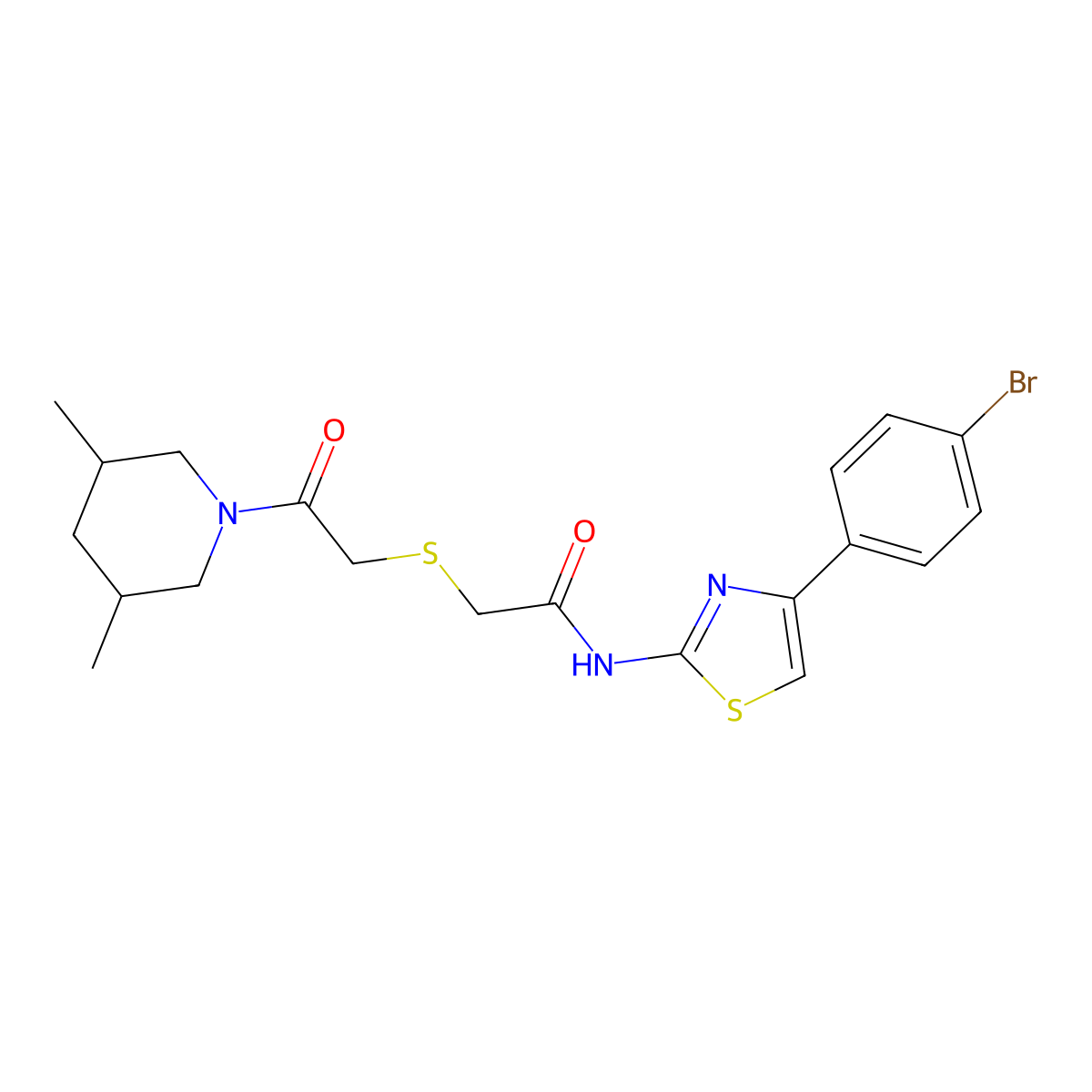 N-(4-(4-bromophenyl)thiazol-2-yl)-2-((2-(3,5-dimethylpiperidin-1-yl)-2-oxoethyl)thio)acetamide molecular structure, CAS 681223-34-7