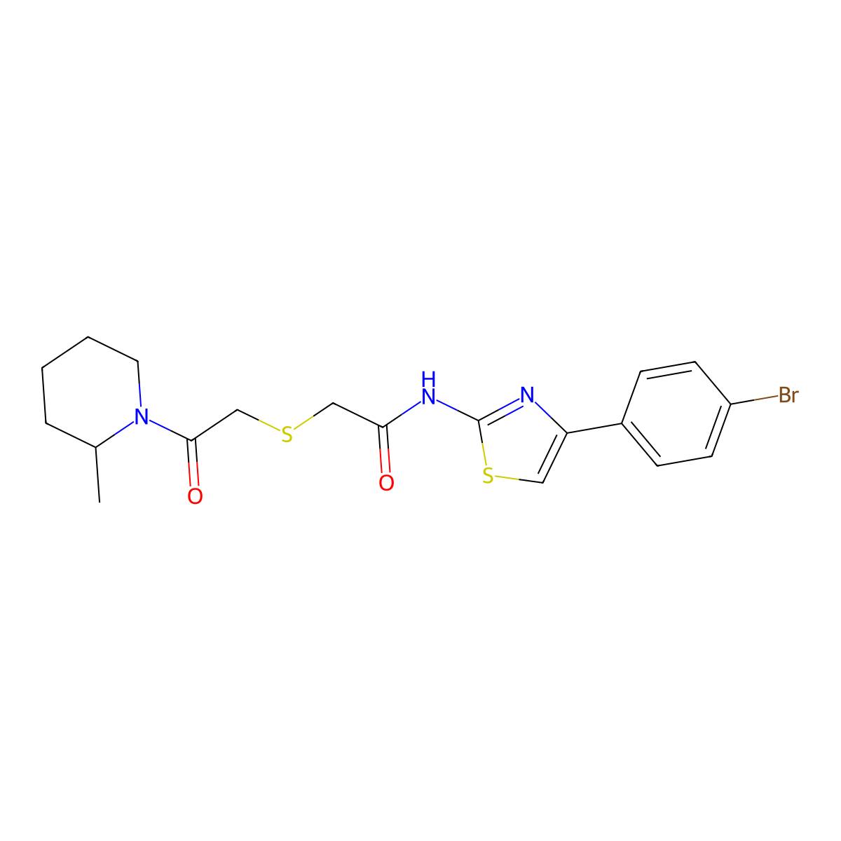 N-(4-(4-bromophenyl)thiazol-2-yl)-2-((2-(2-methylpiperidin-1-yl)-2-oxoethyl)thio)acetamide molecular structure, CAS 681223-35-8