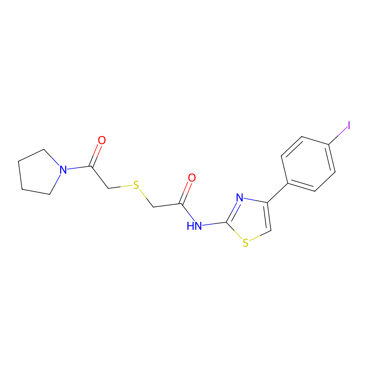N-(4-(4-iodophenyl)thiazol-2-yl)-2-((2-oxo-2-(pyrrolidin-1-yl)ethyl)thio)acetamide molecular structure, CAS 681223-40-5