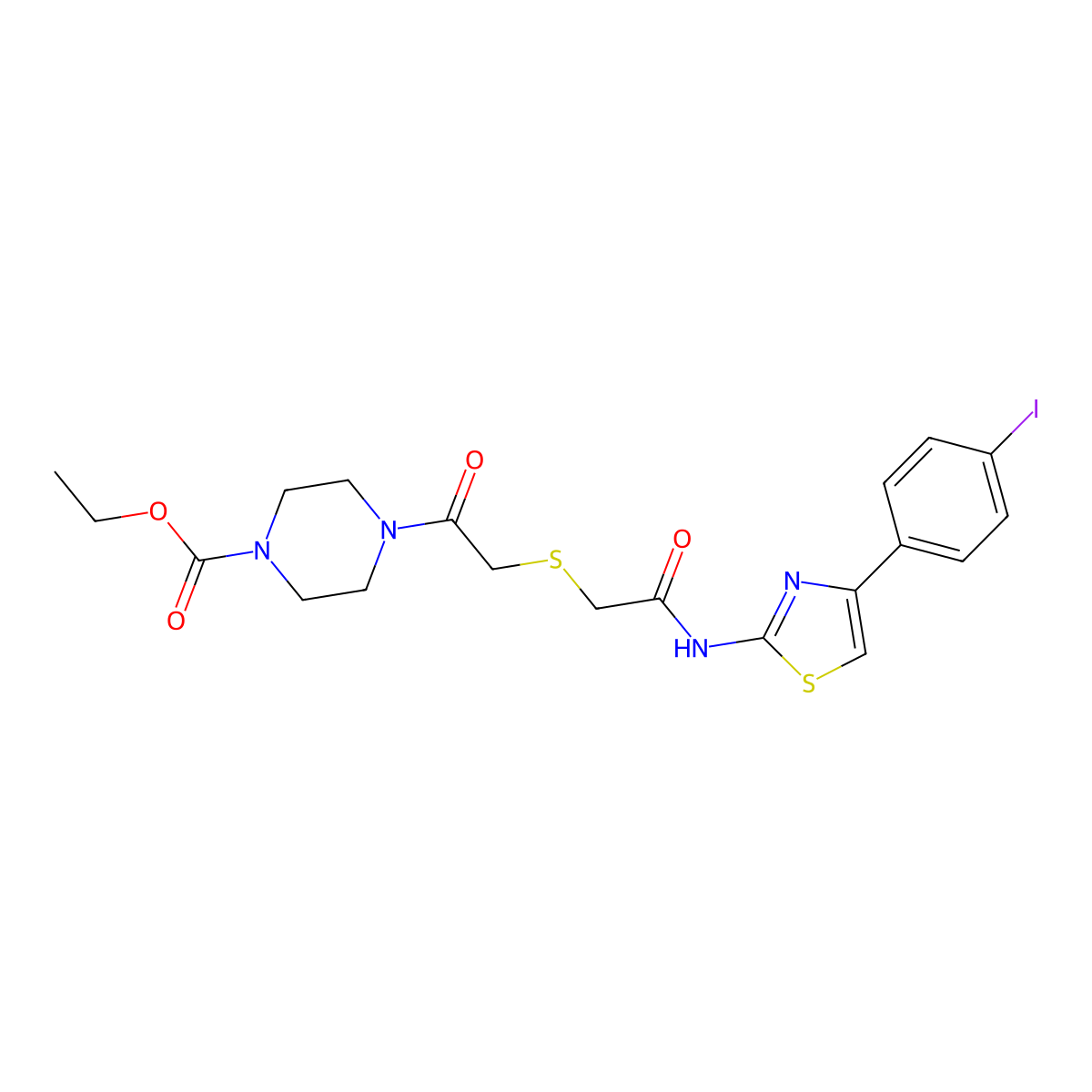 Ethyl 4-(2-((2-((4-(4-iodophenyl)thiazol-2-yl)amino)-2-oxoethyl)thio)acetyl)piperazine-1-carboxylate molecular structure, CAS 681223-48-3