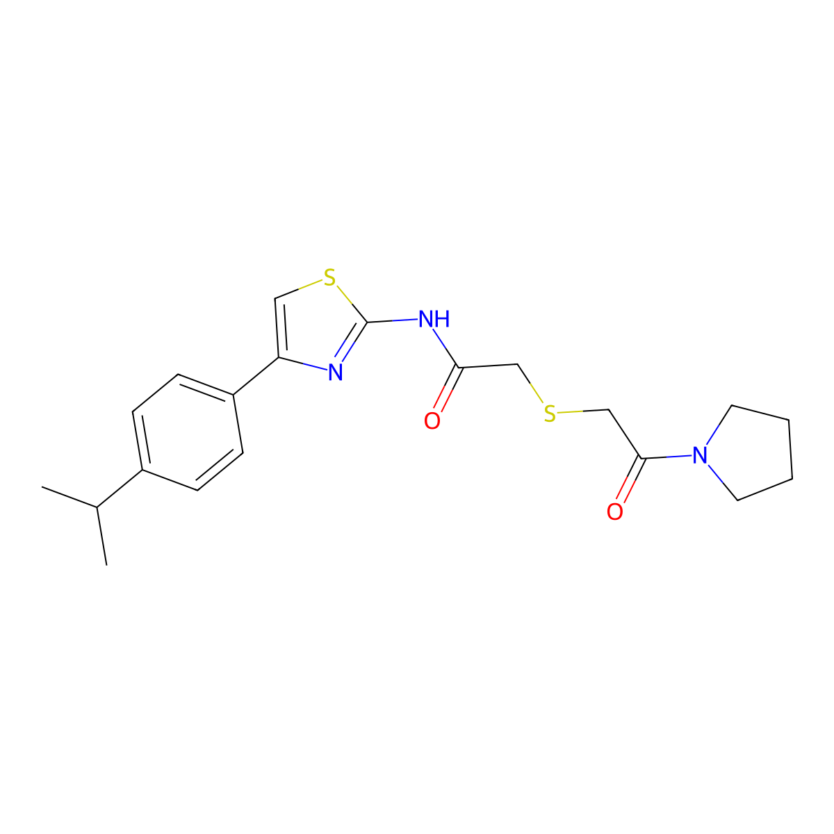 N-(4-(4-isopropylphenyl)thiazol-2-yl)-2-((2-oxo-2-(pyrrolidin-1-yl)ethyl)thio)acetamide molecular structure, CAS 681223-89-2