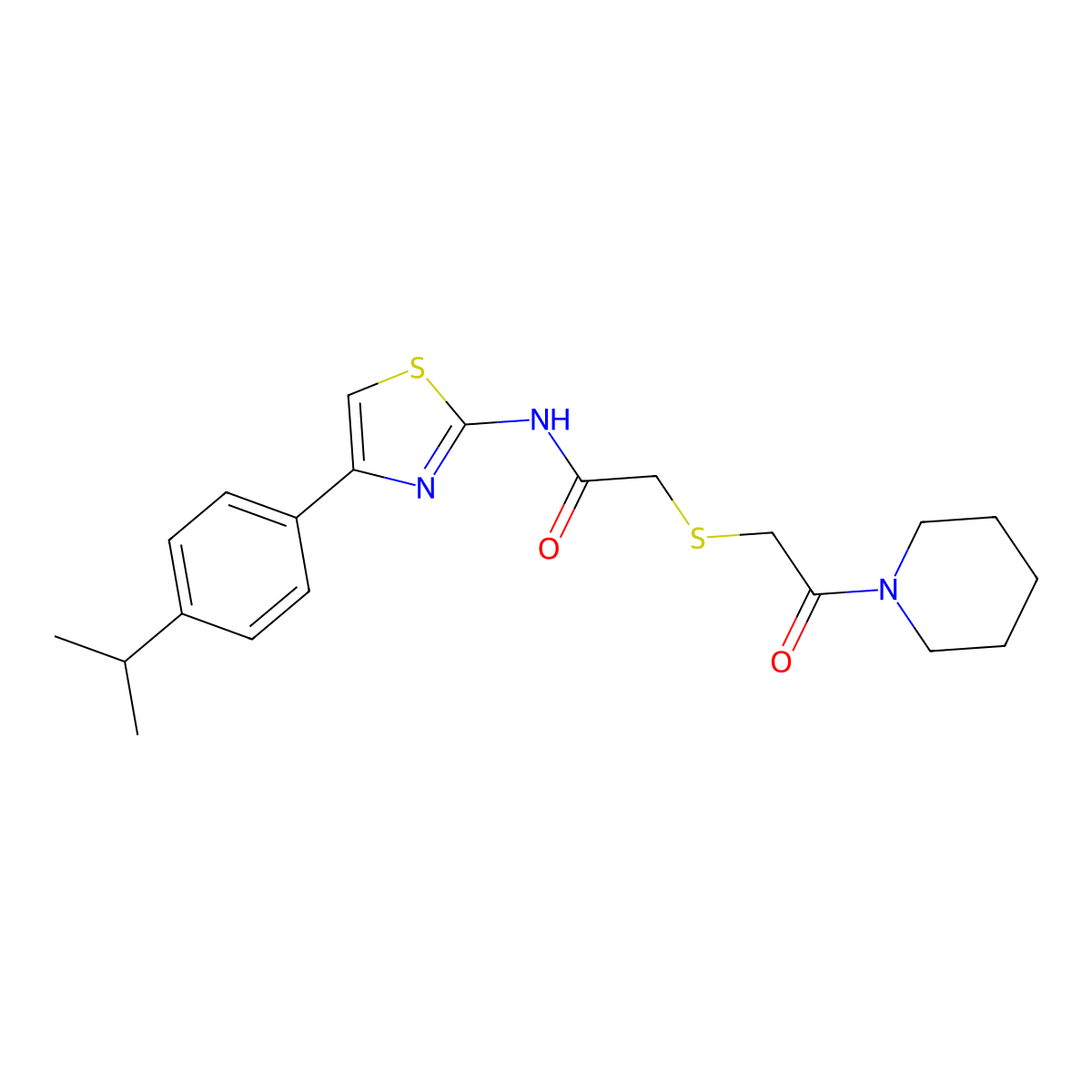 N-(4-(4-isopropylphenyl)thiazol-2-yl)-2-((2-oxo-2-(piperidin-1-yl)ethyl)thio)acetamide molecular structure, CAS 681223-90-5