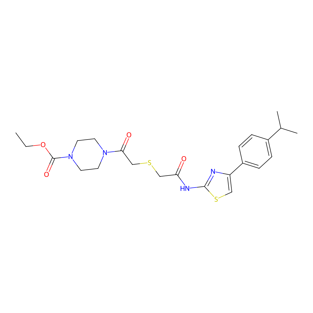 Ethyl 4-(2-((2-((4-(4-isopropylphenyl)thiazol-2-yl)amino)-2-oxoethyl)thio)acetyl)piperazine-1-carboxylate molecular structure, CAS 681223-93-8