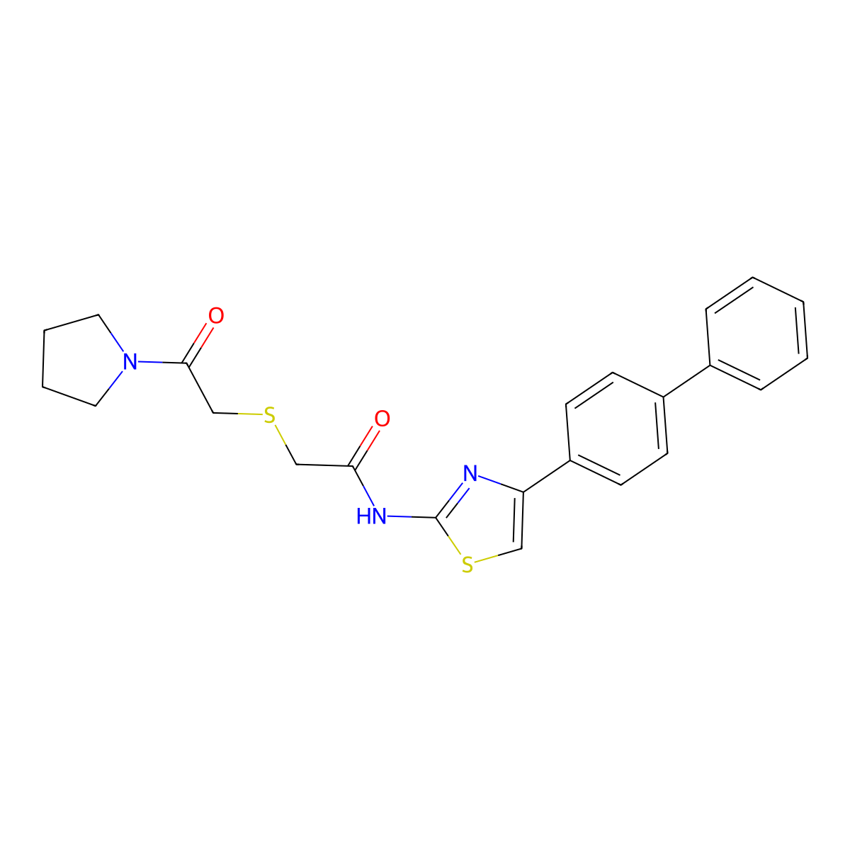 N-(4-([1,1'-biphenyl]-4-yl)thiazol-2-yl)-2-((2-oxo-2-(pyrrolidin-1-yl)ethyl)thio)acetamide molecular structure, CAS 681224-03-3