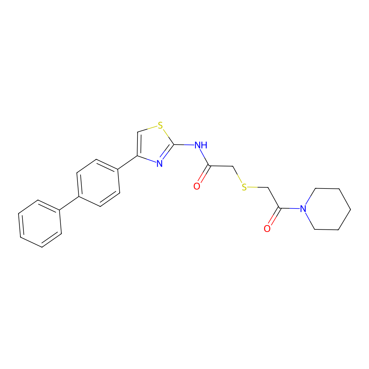 N-(4-([1,1'-biphenyl]-4-yl)thiazol-2-yl)-2-((2-oxo-2-(piperidin-1-yl)ethyl)thio)acetamide molecular structure, CAS 681224-04-4