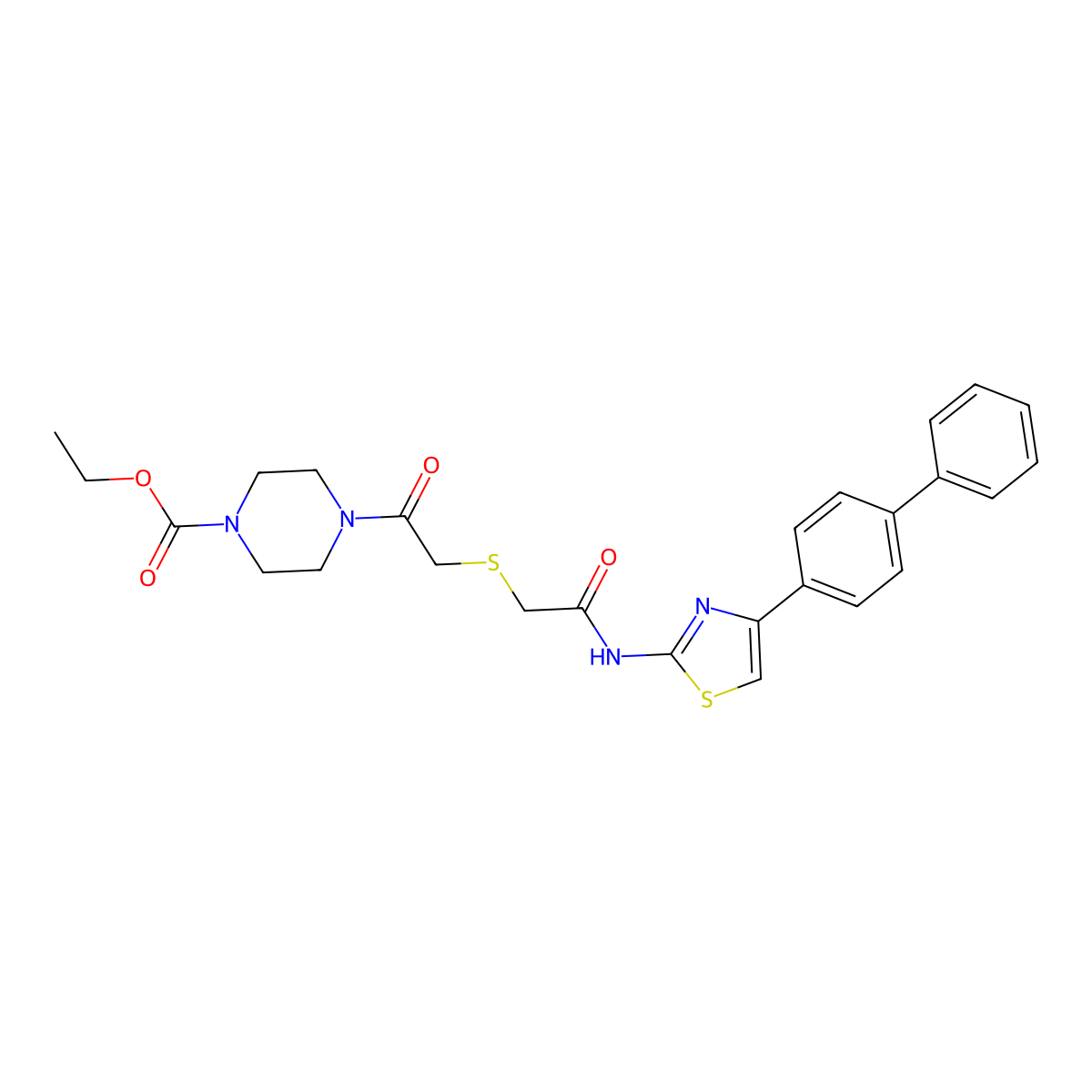 Ethyl 4-[2-[2-oxo-2-[[4-(4-phenylphenyl)-1,3-thiazol-2-yl]amino]ethyl]sulfanylacetyl]piperazine-1-carboxylate molecular structure, CAS 681224-07-7