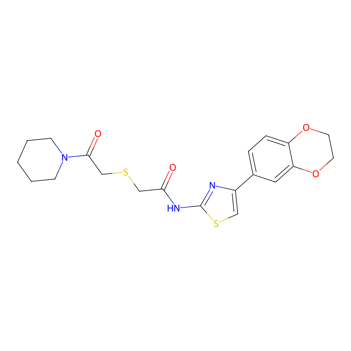 N-(4-(2,3-dihydrobenzo[b][1,4]dioxin-6-yl)thiazol-2-yl)-2-((2-oxo-2-(piperidin-1-yl)ethyl)thio)acetamide molecular structure, CAS 681224-32-8