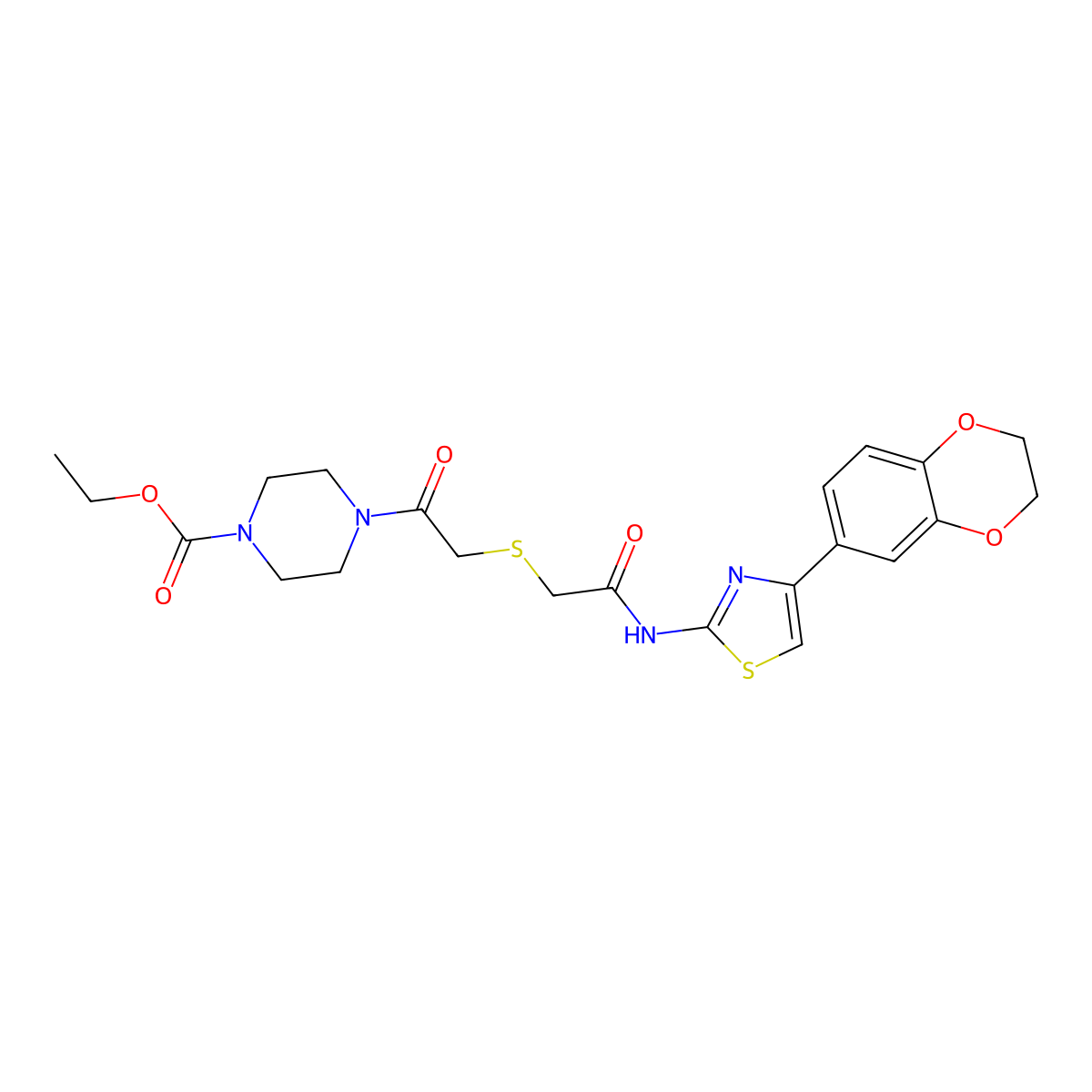 Ethyl 4-(2-((2-((4-(2,3-dihydrobenzo[b][1,4]dioxin-6-yl)thiazol-2-yl)amino)-2-oxoethyl)thio)acetyl)piperazine-1-carboxylate molecular structure, CAS 681224-35-1