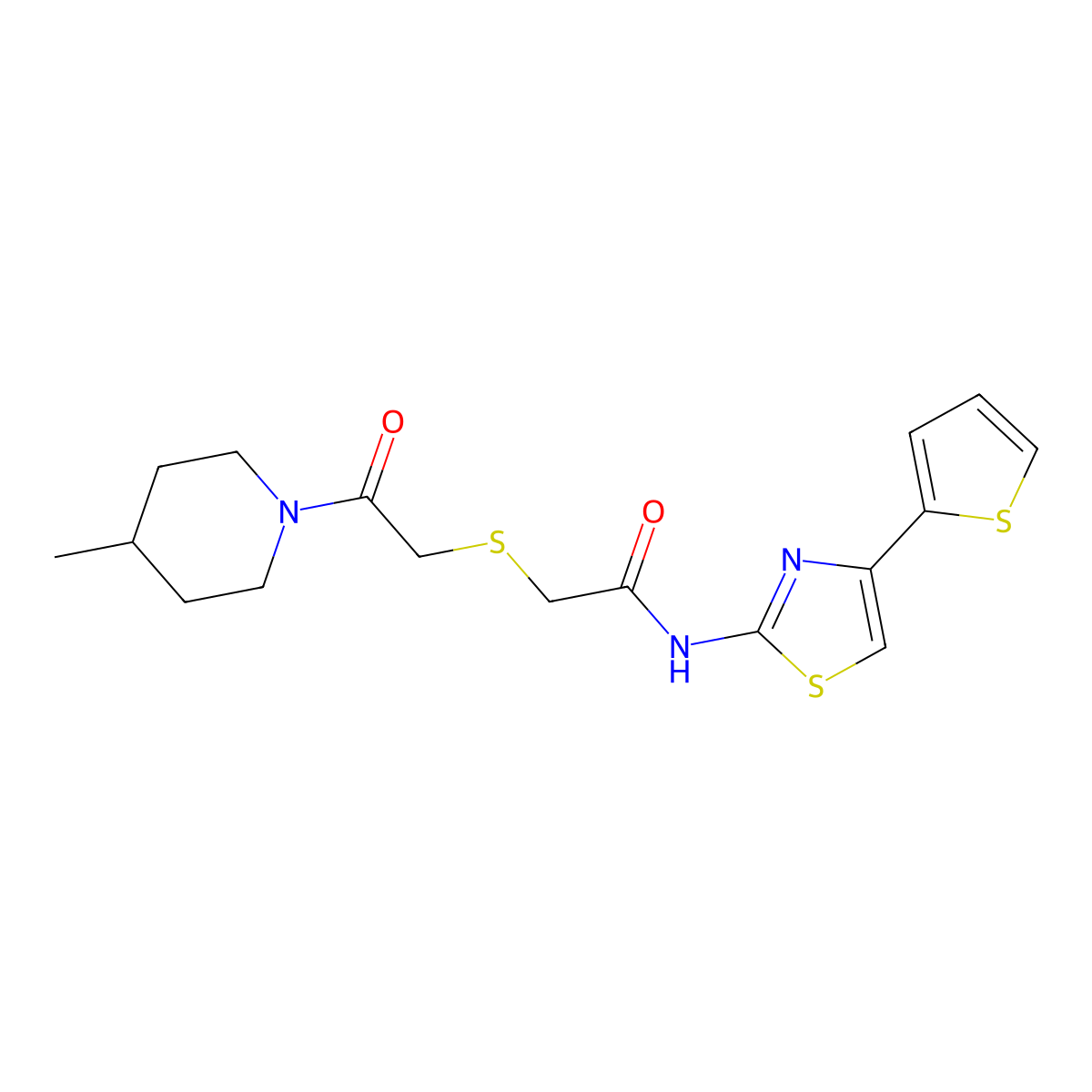 2-[2-(4-methylpiperidin-1-yl)-2-oxoethyl]sulfanyl-N-(4-thiophen-2-yl-1,3-thiazol-2-yl)acetamide molecular structure, CAS 681224-70-4