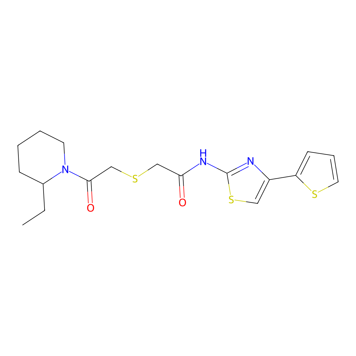 2-((2-(2-ethylpiperidin-1-yl)-2-oxoethyl)thio)-N-(4-(thiophen-2-yl)thiazol-2-yl)acetamide molecular structure, CAS 681224-71-5