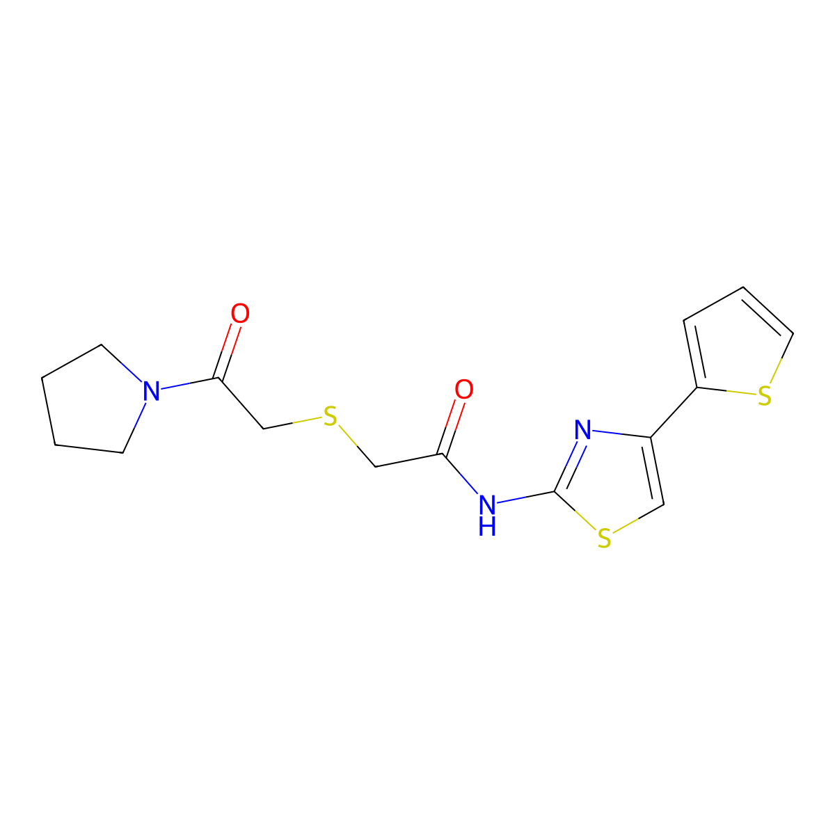 2-((2-oxo-2-(pyrrolidin-1-yl)ethyl)thio)-N-(4-(thiophen-2-yl)thiazol-2-yl)acetamide molecular structure, CAS 681224-72-6