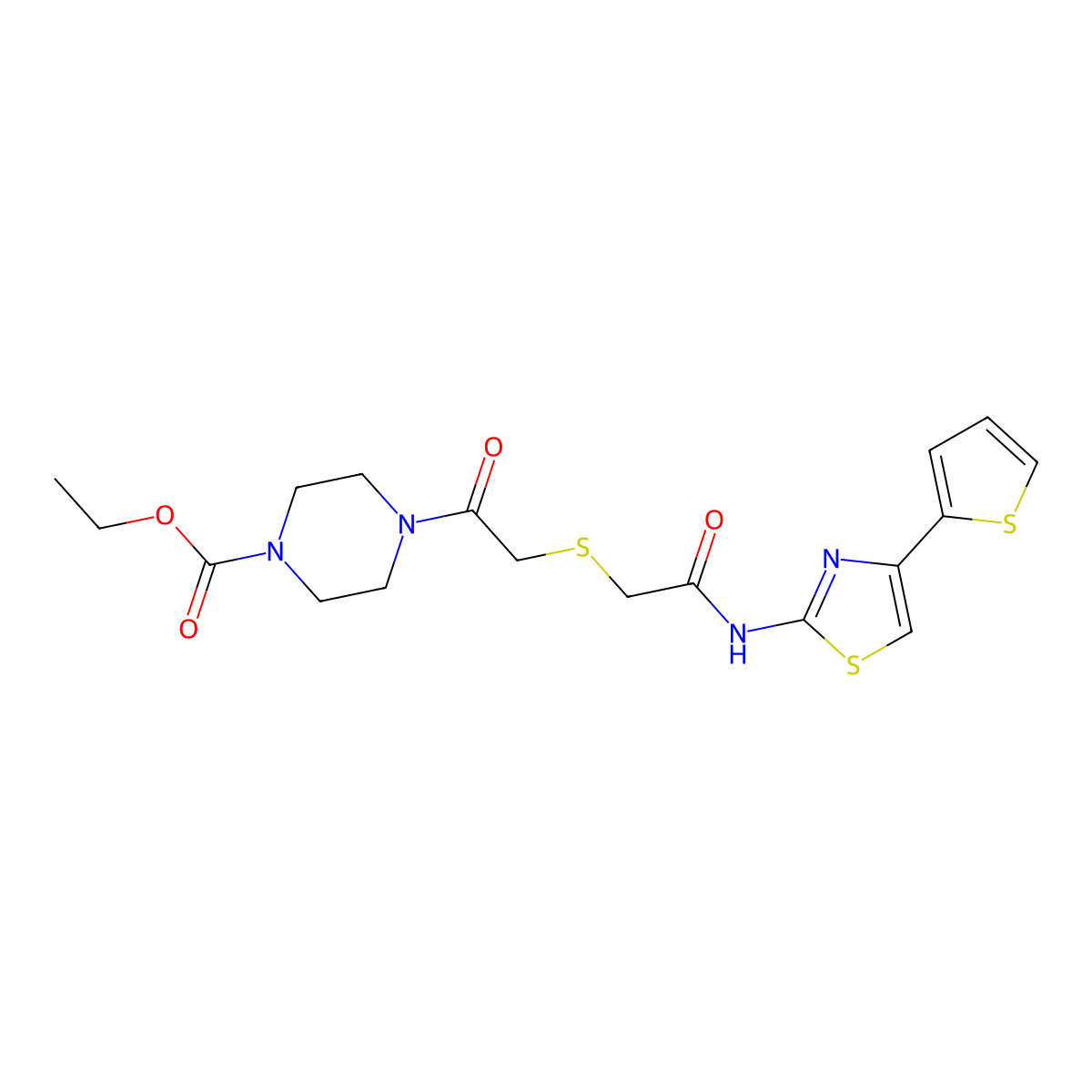 Ethyl 4-(2-((2-oxo-2-((4-(thiophen-2-yl)thiazol-2-yl)amino)ethyl)thio)acetyl)piperazine-1-carboxylate molecular structure, CAS 681224-76-0