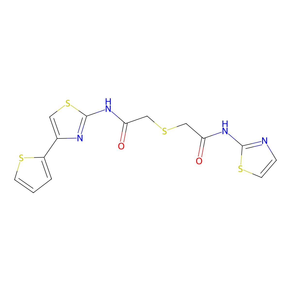 2-((2-oxo-2-((4-(thiophen-2-yl)thiazol-2-yl)amino)ethyl)thio)-N-(thiazol-2-yl)acetamide molecular structure, CAS 681224-78-2