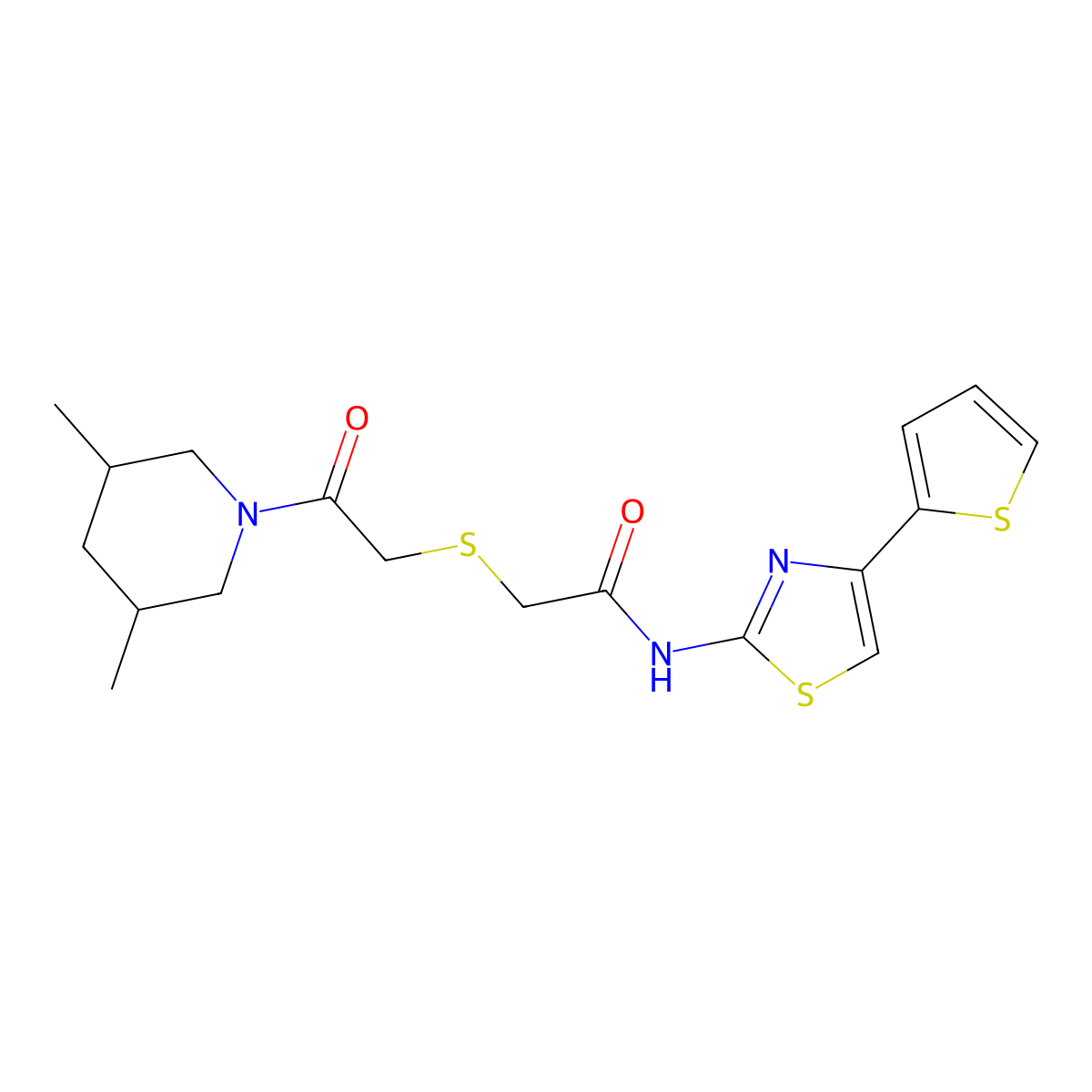 2-((2-(3,5-dimethylpiperidin-1-yl)-2-oxoethyl)thio)-N-(4-(thiophen-2-yl)thiazol-2-yl)acetamide molecular structure, CAS 681224-80-6