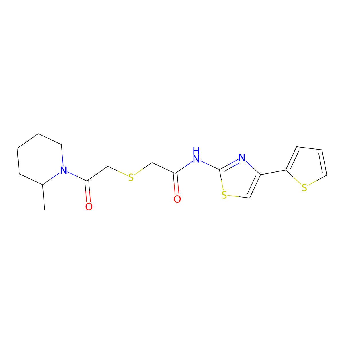 2-[2-(2-methylpiperidin-1-yl)-2-oxoethyl]sulfanyl-N-(4-thiophen-2-yl-1,3-thiazol-2-yl)acetamide molecular structure, CAS 681224-81-7