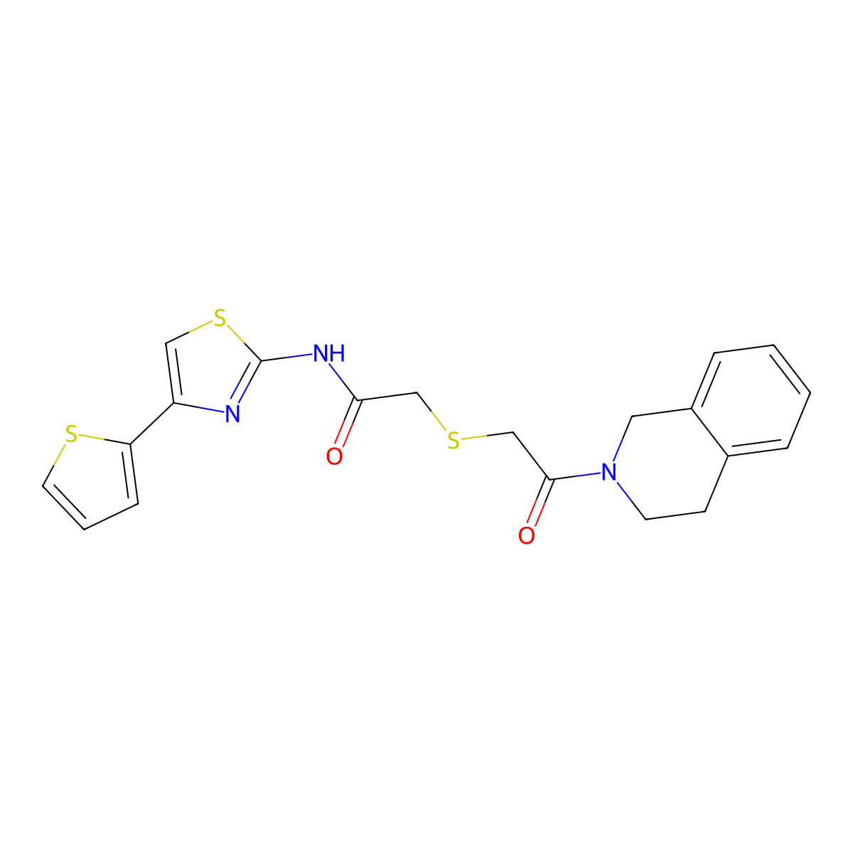 2-((2-(3,4-dihydroisoquinolin-2(1H)-yl)-2-oxoethyl)thio)-N-(4-(thiophen-2-yl)thiazol-2-yl)acetamide molecular structure, CAS 681224-83-9