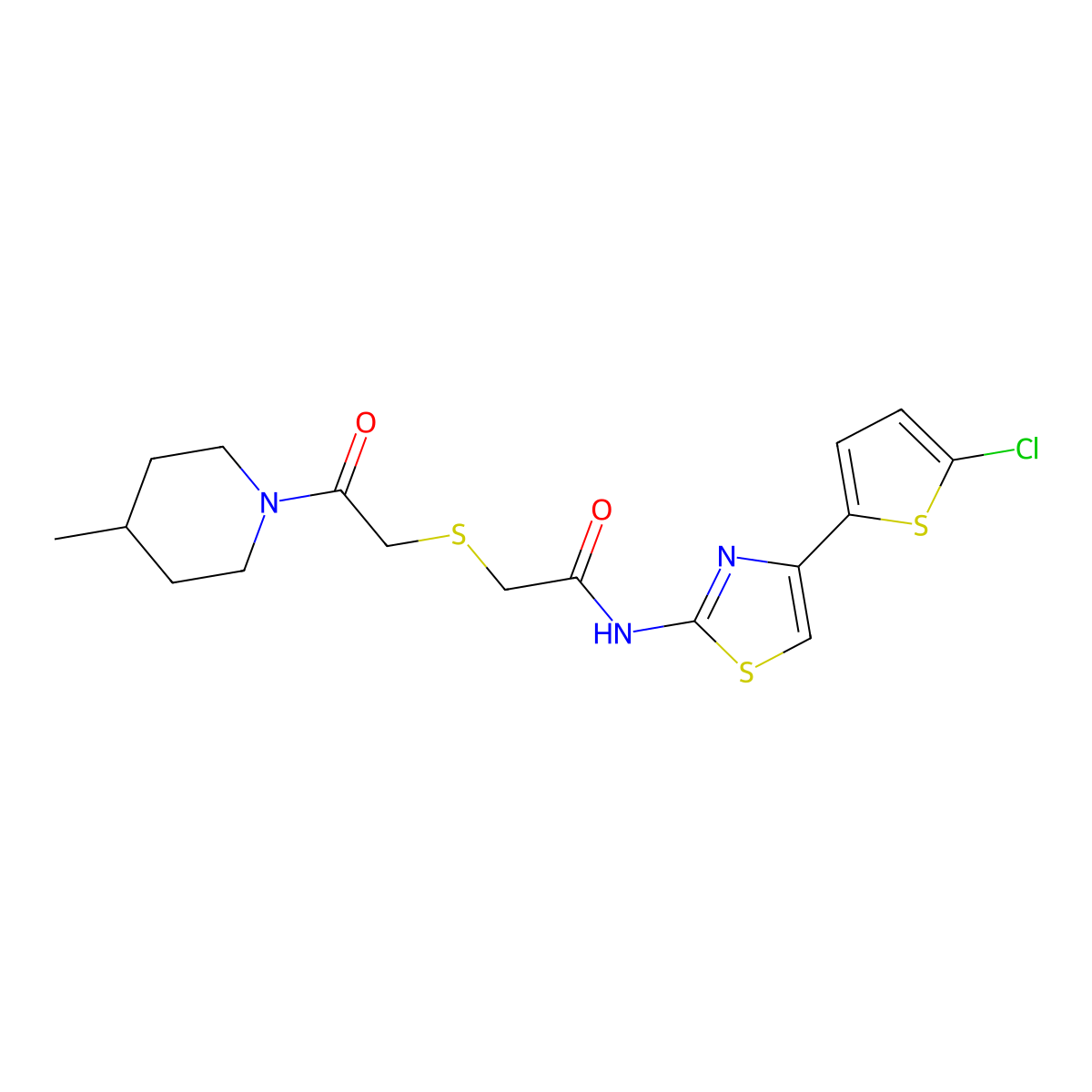 N-(4-(5-chlorothiophen-2-yl)thiazol-2-yl)-2-((2-(4-methylpiperidin-1-yl)-2-oxoethyl)thio)acetamide molecular structure, CAS 681224-84-0