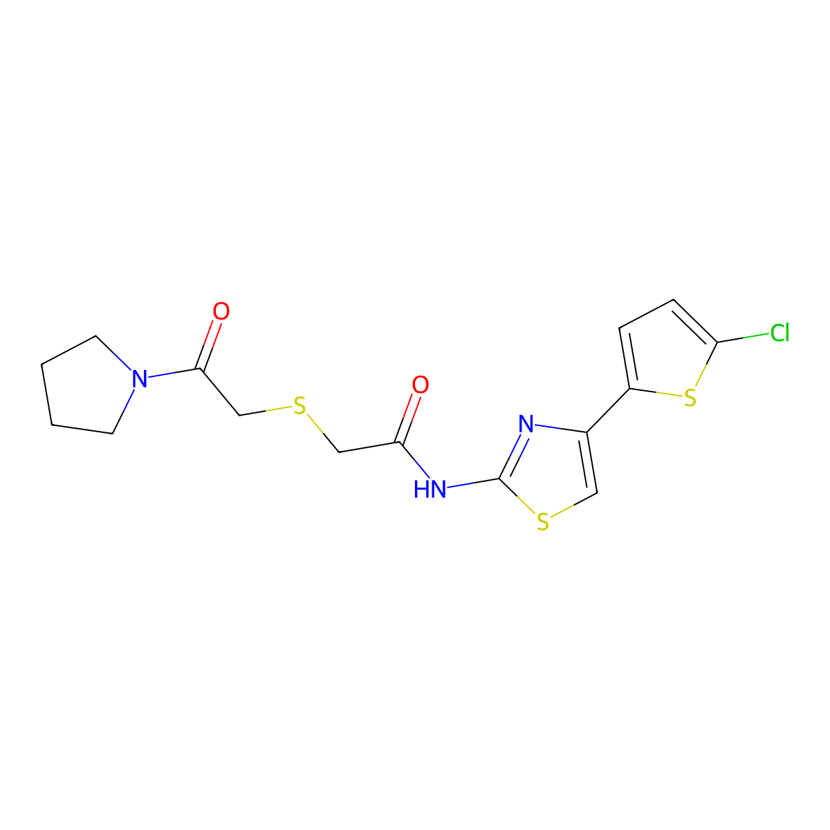 N-(4-(5-chlorothiophen-2-yl)thiazol-2-yl)-2-((2-oxo-2-(pyrrolidin-1-yl)ethyl)thio)acetamide molecular structure, CAS 681224-86-2