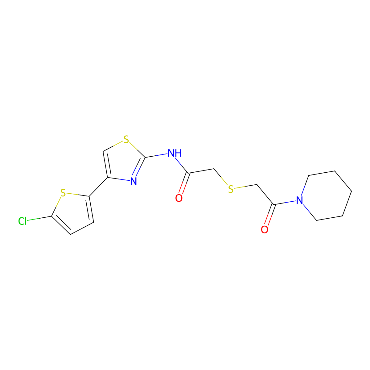 N-[4-(5-chlorothiophen-2-yl)-1,3-thiazol-2-yl]-2-(2-oxo-2-piperidin-1-ylethyl)sulfanylacetamide molecular structure, CAS 681224-87-3