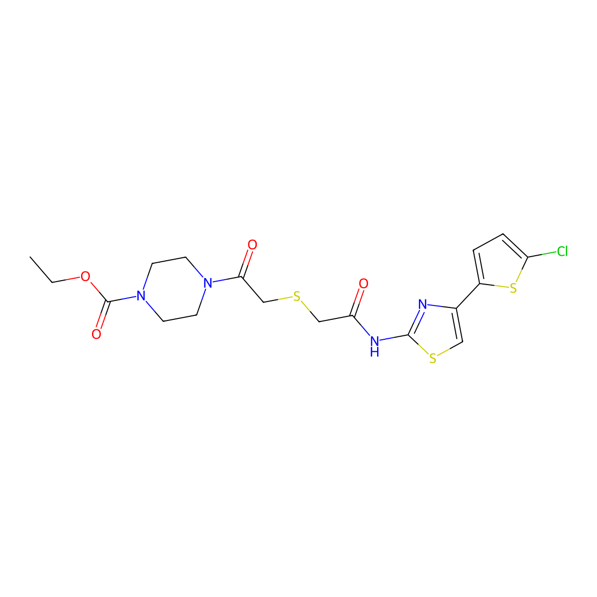 Ethyl 4-[2-[2-[[4-(5-chlorothiophen-2-yl)-1,3-thiazol-2-yl]amino]-2-oxoethyl]sulfanylacetyl]piperazine-1-carboxylate molecular structure, CAS 681224-90-8