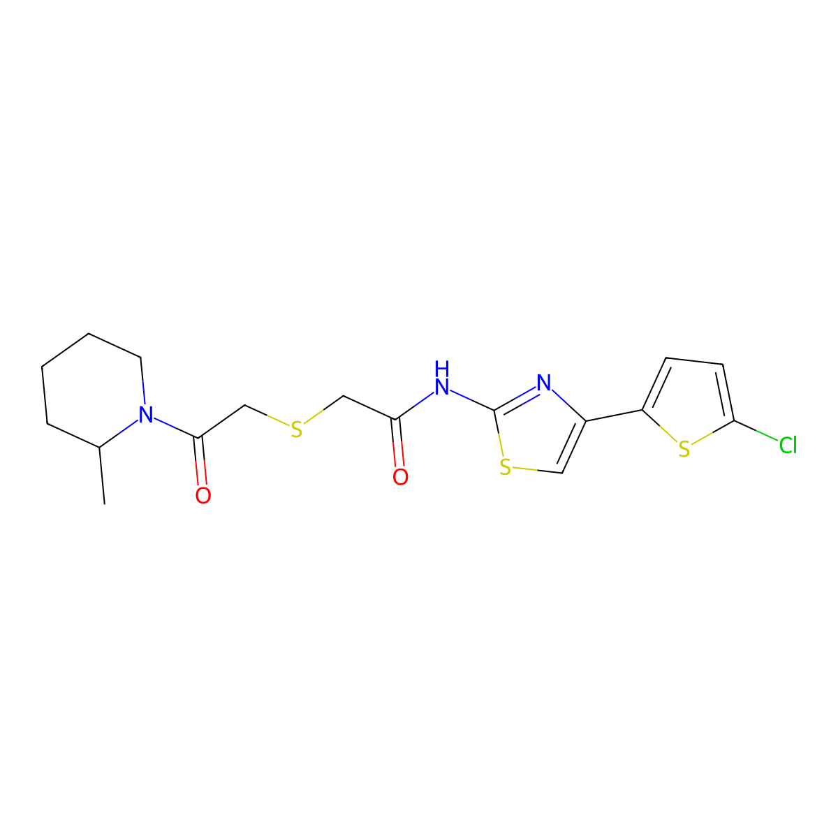N-(4-(5-chlorothiophen-2-yl)thiazol-2-yl)-2-((2-(2-methylpiperidin-1-yl)-2-oxoethyl)thio)acetamide molecular structure, CAS 681224-95-3