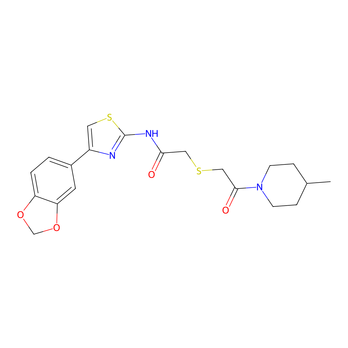 N-(4-(benzo[d][1,3]dioxol-5-yl)thiazol-2-yl)-2-((2-(4-methylpiperidin-1-yl)-2-oxoethyl)thio)acetamide molecular structure, CAS 681224-98-6