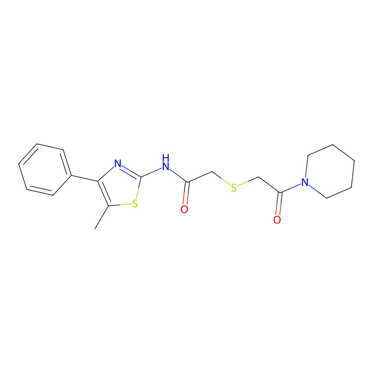 N-(5-methyl-4-phenylthiazol-2-yl)-2-((2-oxo-2-(piperidin-1-yl)ethyl)thio)acetamide molecular structure, CAS 681225-15-0