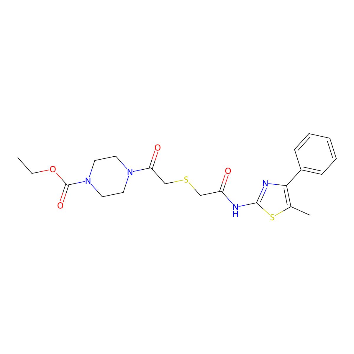 Ethyl 4-(2-((2-((5-methyl-4-phenylthiazol-2-yl)amino)-2-oxoethyl)thio)acetyl)piperazine-1-carboxylate molecular structure, CAS 681225-18-3