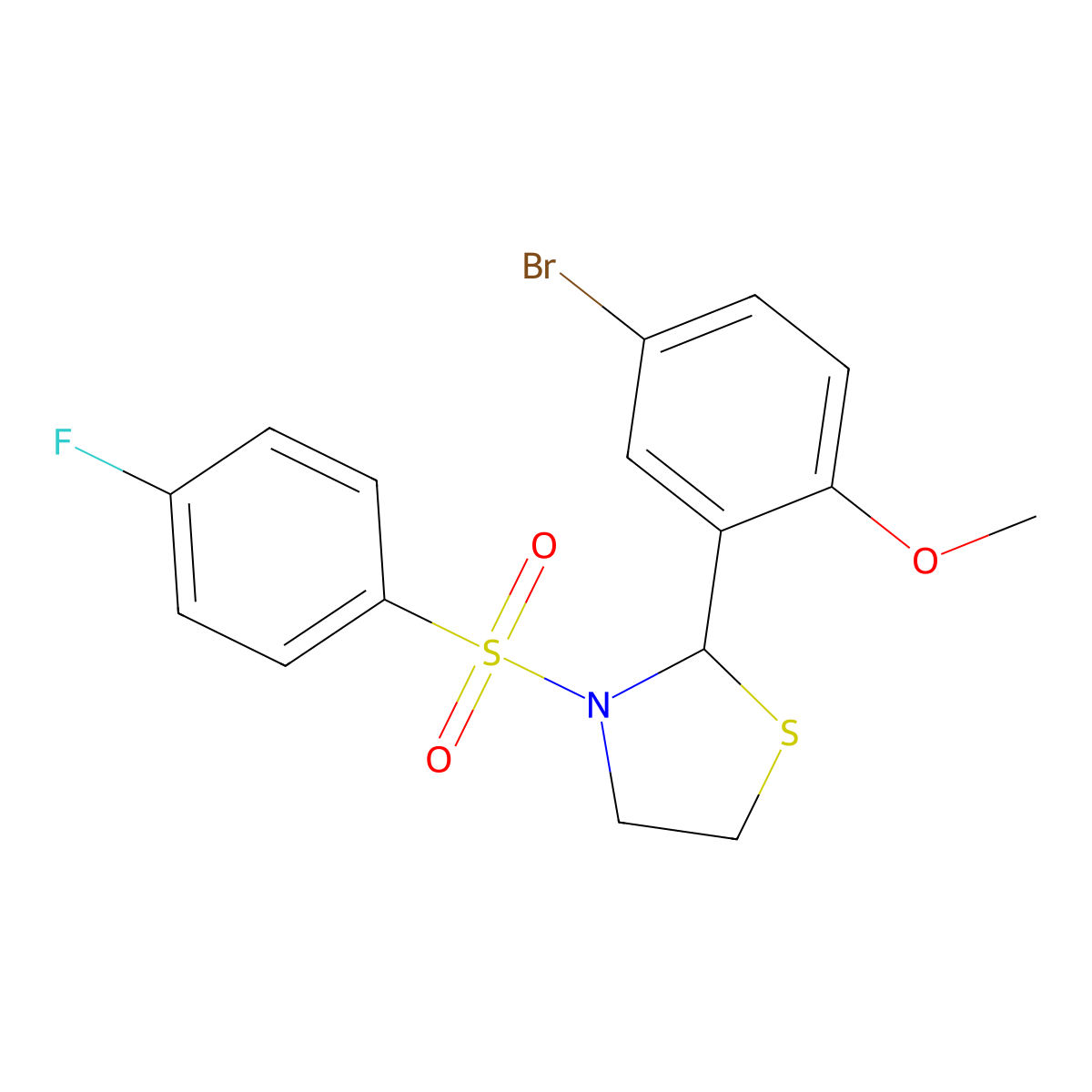 2-(5-Bromo-2-methoxyphenyl)-3-((4-fluorophenyl)sulfonyl)thiazolidine molecular structure, CAS 681226-99-3