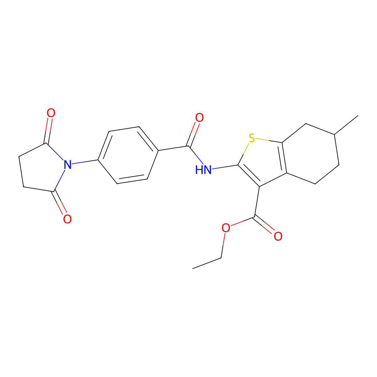 Ethyl 2-(4-(2,5-dioxopyrrolidin-1-yl)benzamido)-6-methyl-4,5,6,7-tetrahydrobenzo[b]thiophene-3-carboxylate molecular structure, CAS 681236-05-5