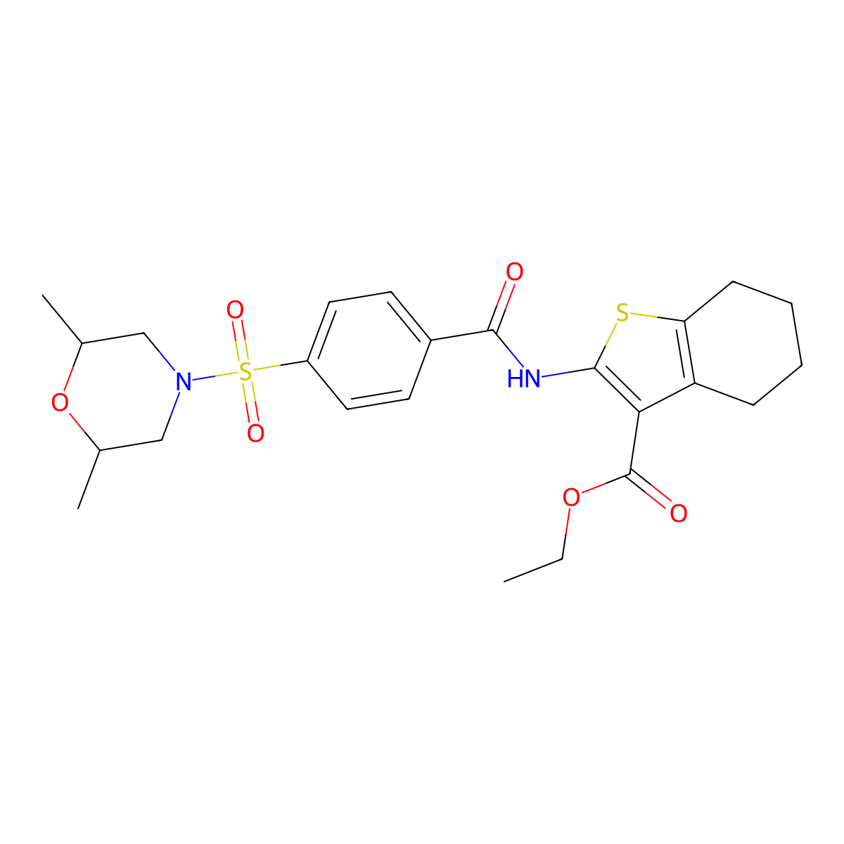 Ethyl 2-(4-((2,6-dimethylmorpholino)sulfonyl)benzamido)-4,5,6,7-tetrahydrobenzo[b]thiophene-3-carboxylate molecular structure, CAS 681237-89-8