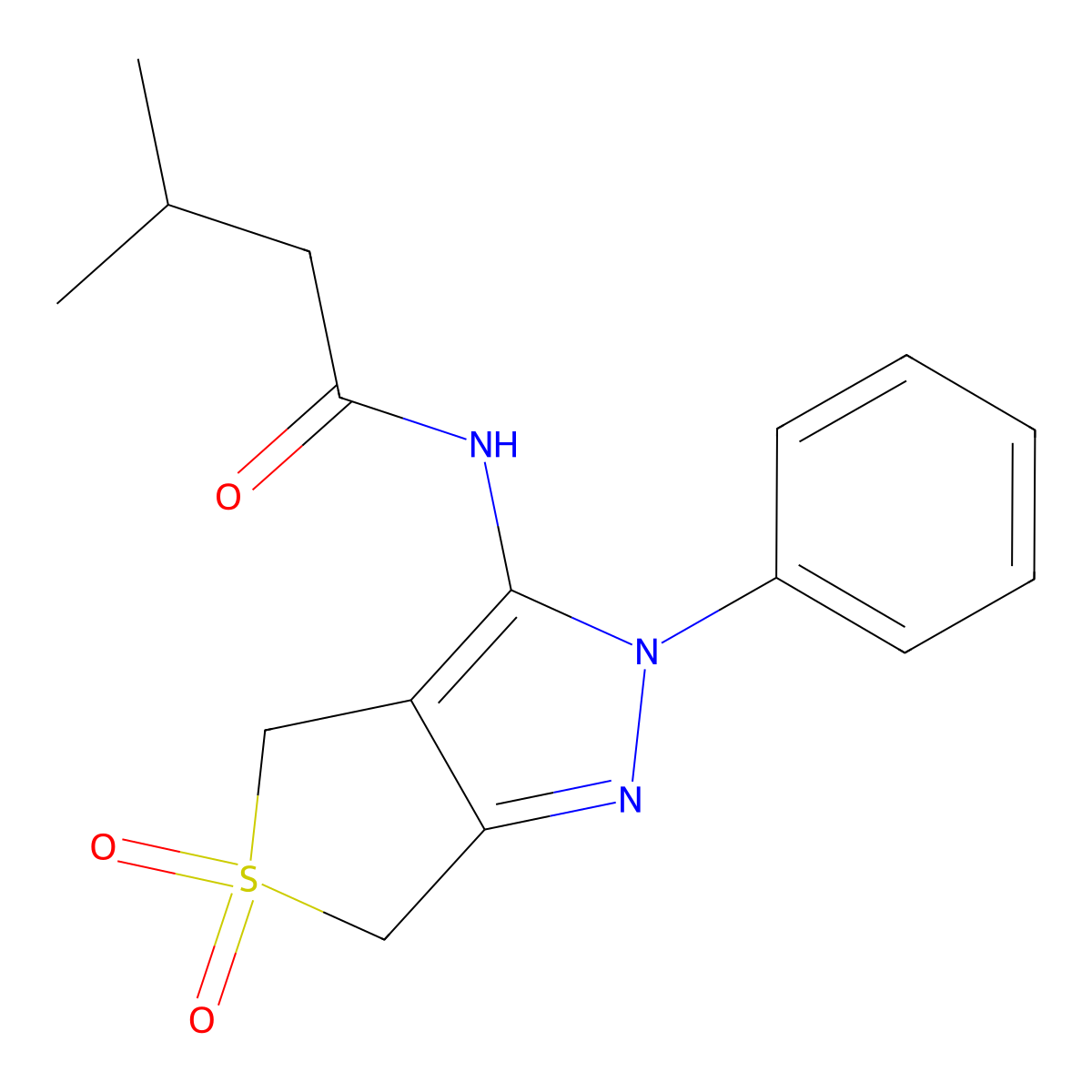 N-(5,5-dioxido-2-phenyl-4,6-dihydro-2H-thieno[3,4-c]pyrazol-3-yl)-3-methylbutanamide molecular structure, CAS 681265-33-8