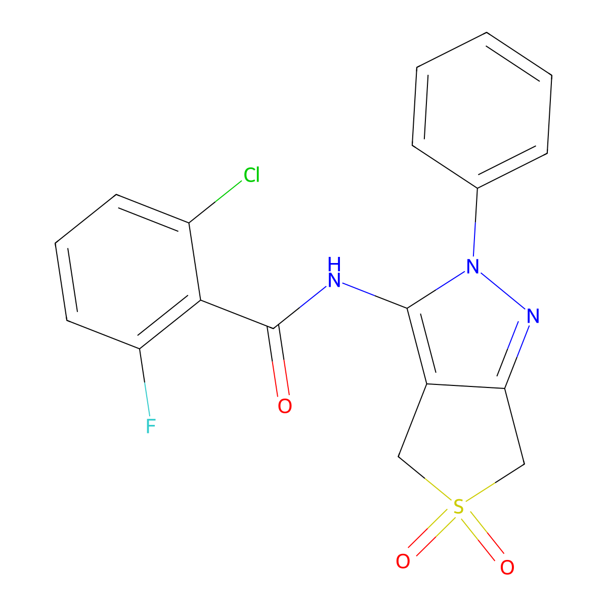 2-chloro-N-(5,5-dioxido-2-phenyl-4,6-dihydro-2H-thieno[3,4-c]pyrazol-3-yl)-6-fluorobenzamide molecular structure, CAS 681265-98-5