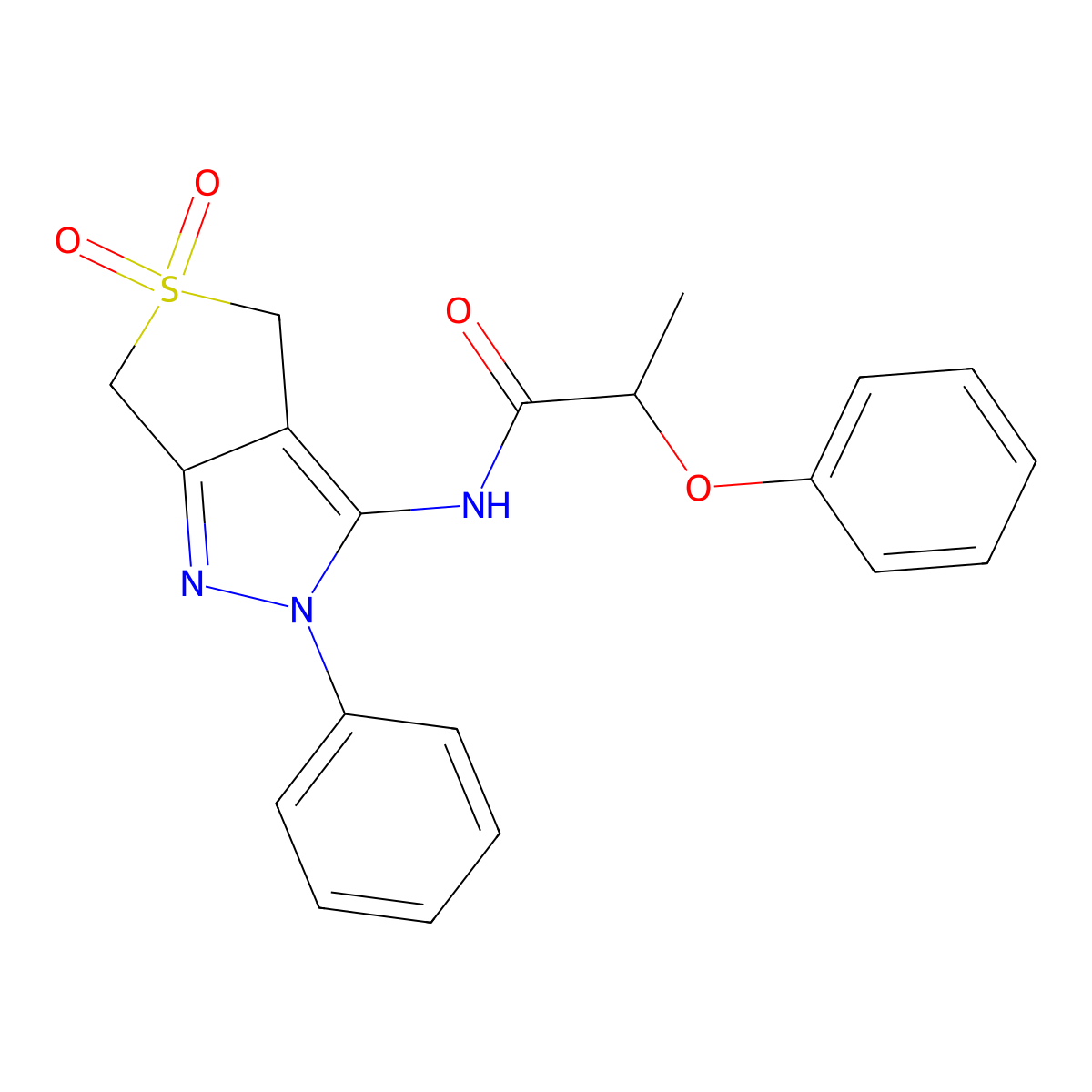 N-(5,5-dioxo-2-phenyl-4,6-dihydrothieno[3,4-c]pyrazol-3-yl)-2-phenoxypropanamide molecular structure, CAS 681266-24-0