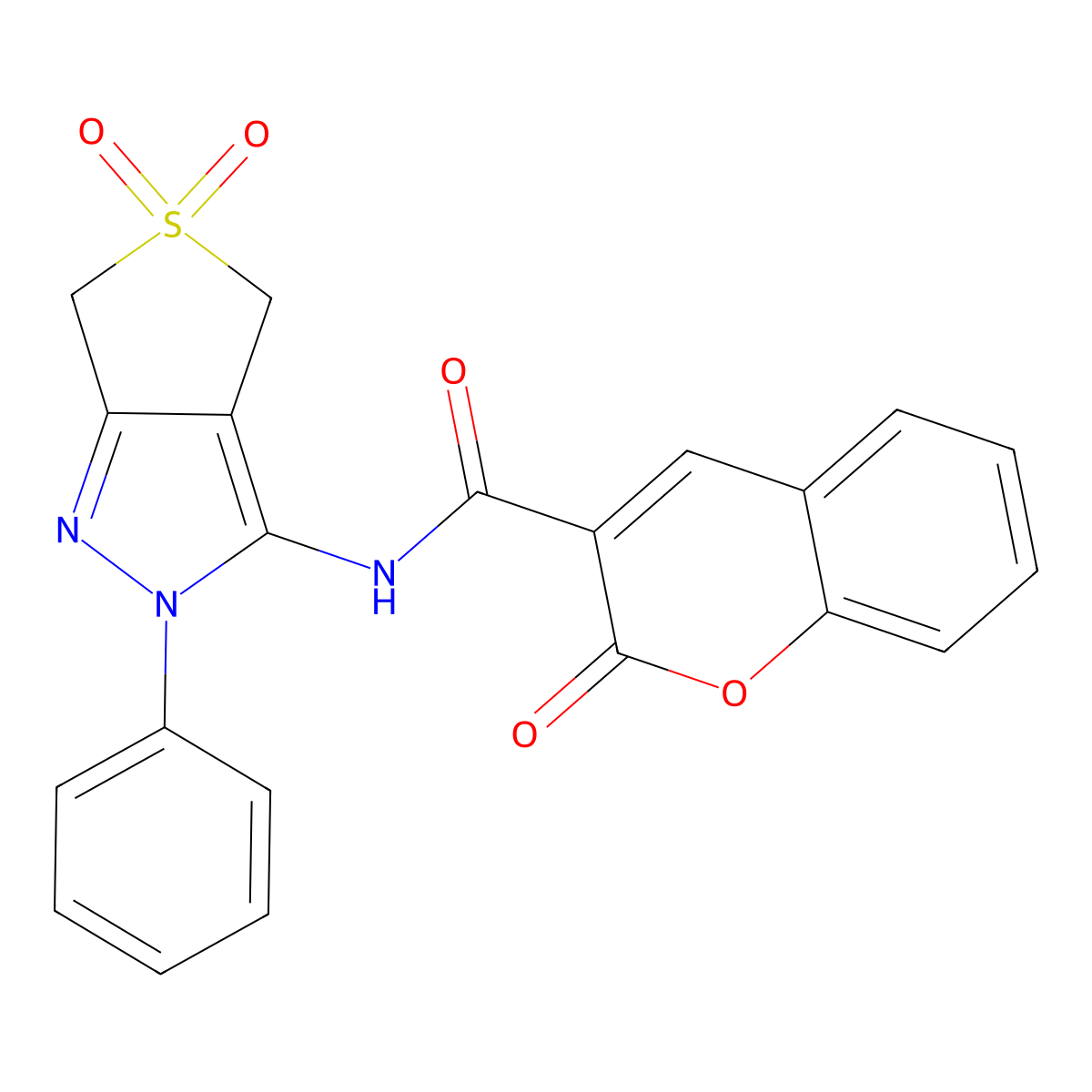 N-(5,5-dioxo-2-phenyl-4,6-dihydrothieno[3,4-c]pyrazol-3-yl)-2-oxochromene-3-carboxamide molecular structure, CAS 681266-32-0