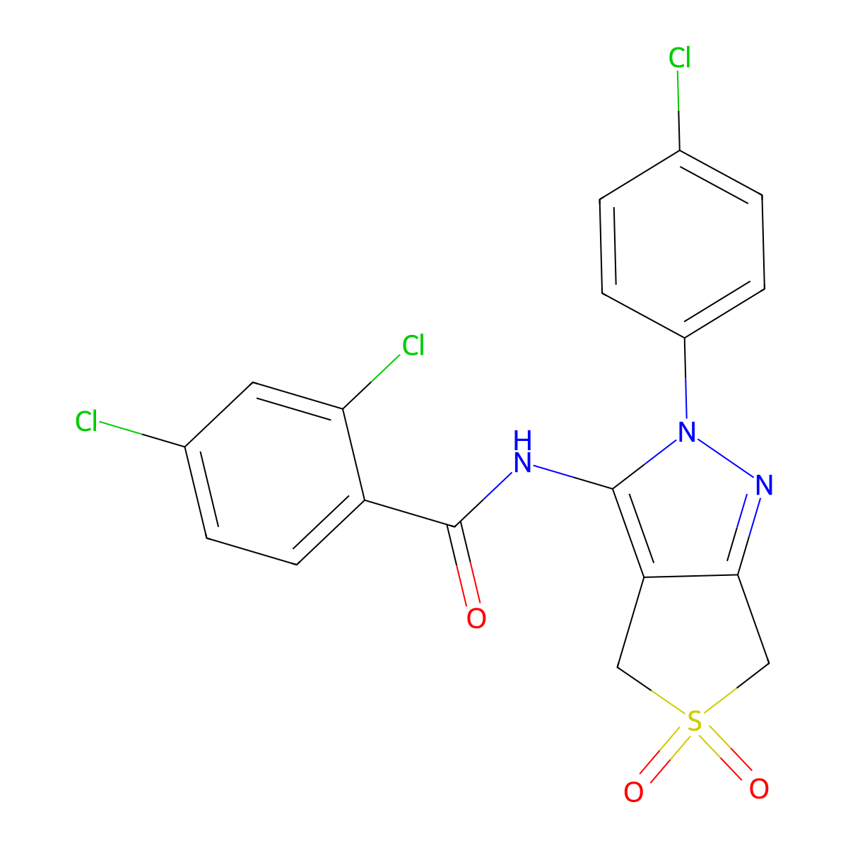 2,4-dichloro-N-(2-(4-chlorophenyl)-5,5-dioxido-4,6-dihydro-2H-thieno[3,4-c]pyrazol-3-yl)benzamide molecular structure, CAS 681266-66-0