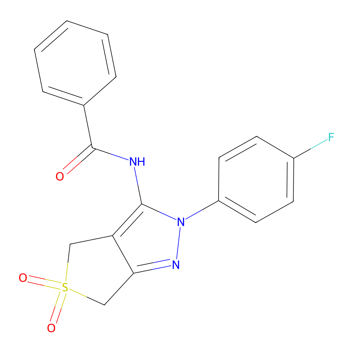 N-[2-(4-fluorophenyl)-5,5-dioxo-4,6-dihydrothieno[3,4-c]pyrazol-3-yl]benzamide molecular structure, CAS 681266-90-0