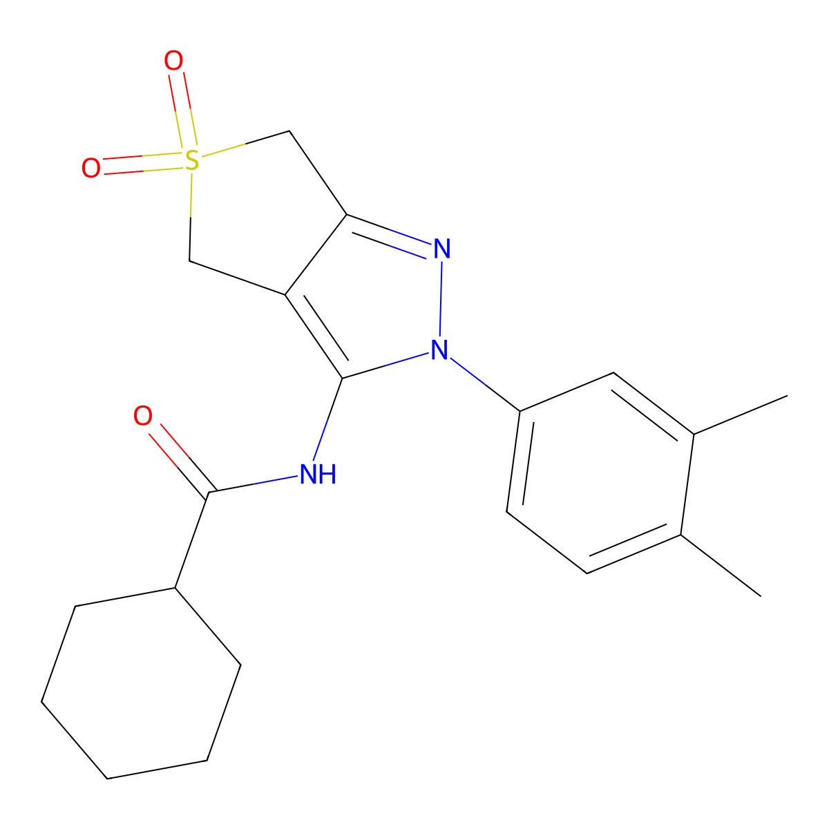 N-[2-(3,4-dimethylphenyl)-5,5-dioxo-4,6-dihydrothieno[3,4-c]pyrazol-3-yl]cyclohexanecarboxamide molecular structure, CAS 681267-22-1