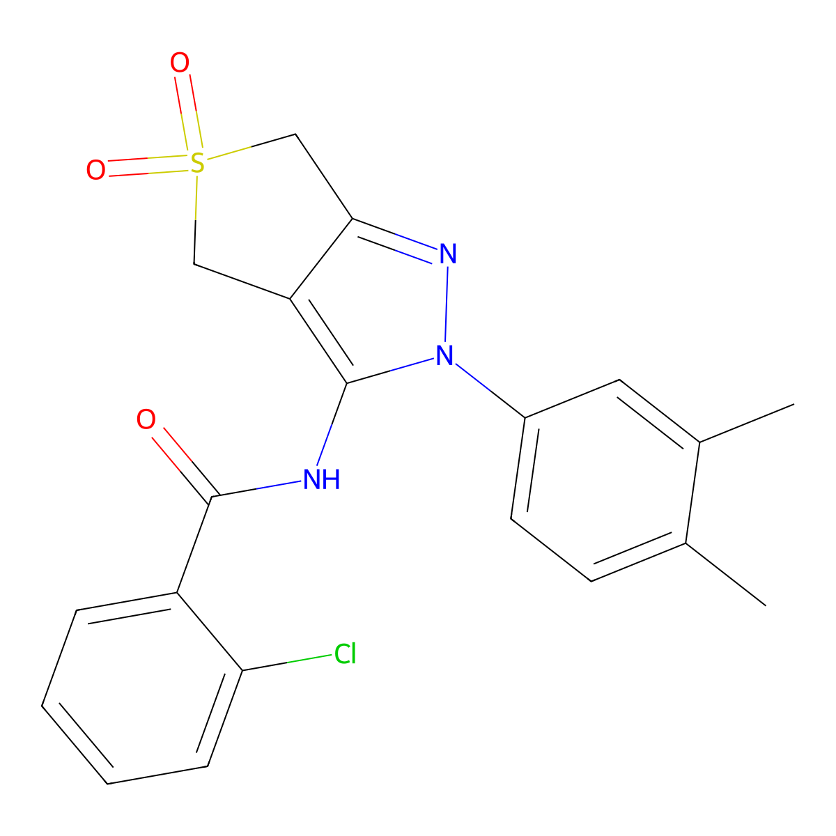 2-chloro-N-[2-(3,4-dimethylphenyl)-5,5-dioxo-4,6-dihydrothieno[3,4-c]pyrazol-3-yl]benzamide molecular structure, CAS 681267-35-6