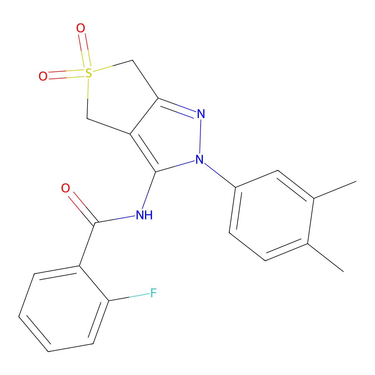 N-(2-(3,4-dimethylphenyl)-5,5-dioxido-4,6-dihydro-2H-thieno[3,4-c]pyrazol-3-yl)-2-fluorobenzamide molecular structure, CAS 681267-42-5