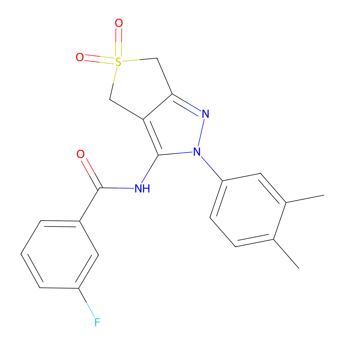 N-(2-(3,4-dimethylphenyl)-5,5-dioxido-4,6-dihydro-2H-thieno[3,4-c]pyrazol-3-yl)-3-fluorobenzamide molecular structure, CAS 681267-43-6